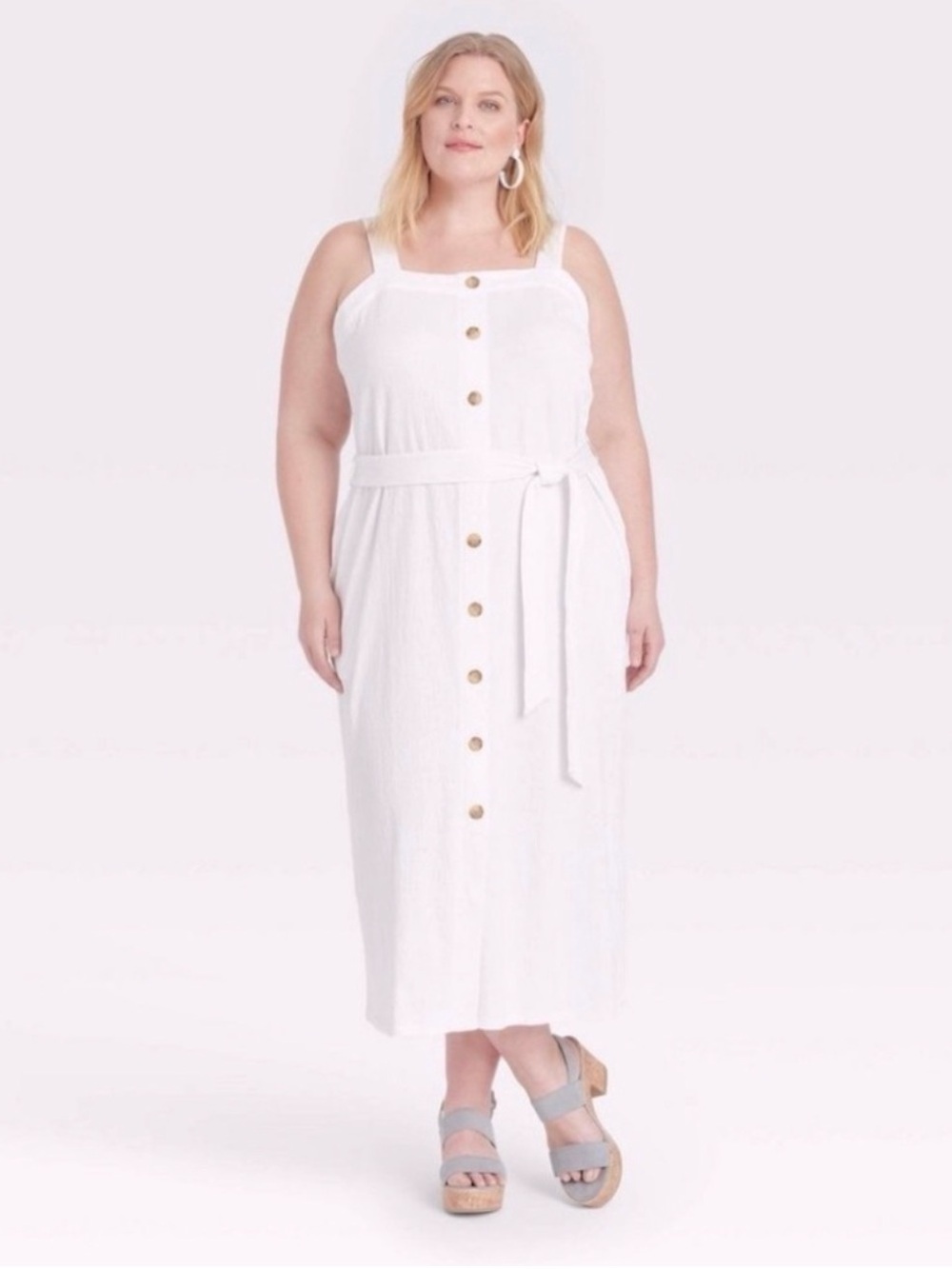 Ava & Viv Plus Size White Button-Front Midi Dress with Tie Belt